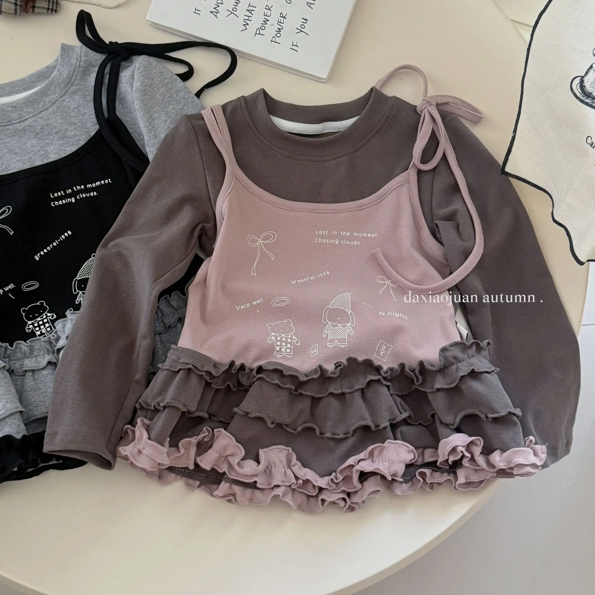 Korean Children's Clothing 2025 Autumn Fake Two Pieces Korean Version Lace Top Girls' Long Sleeved Base Shirt