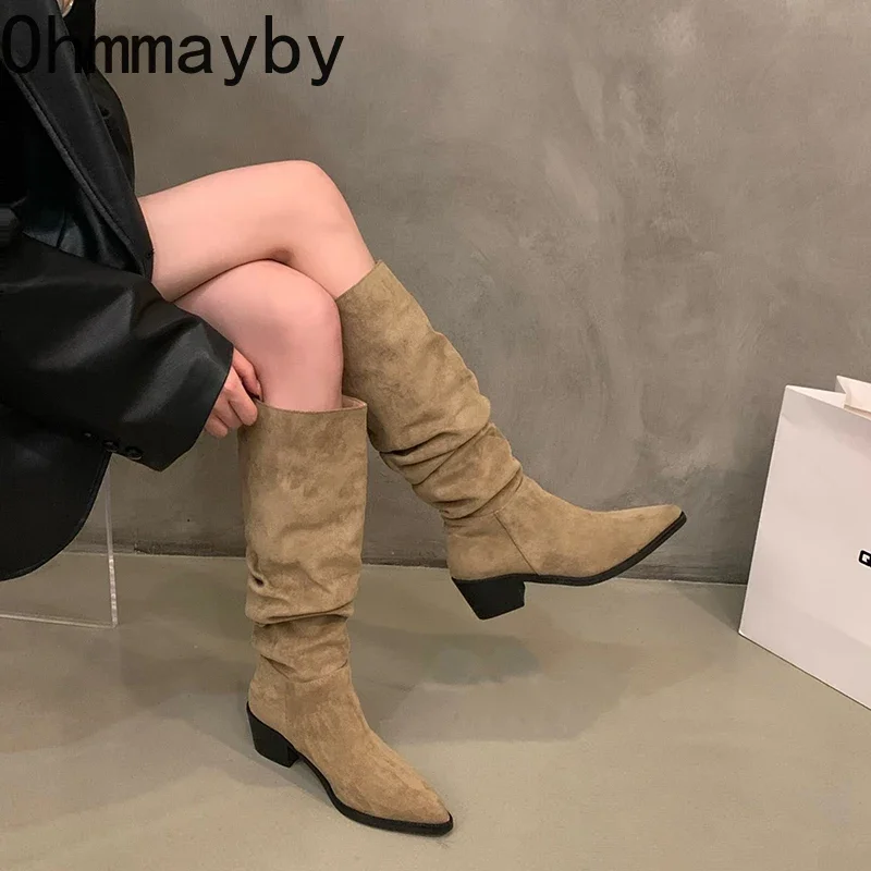 Pointed Toe Women Denim Western Cowgirl Boots Fashion Slip On Long Boots Square Heels Autumn Winter Ladies Shoes