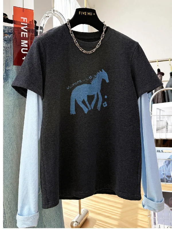 

plus Size Women's round Neck Short Sleeve T-Shirt Fashionable Print Base Shirt Spring Autumn German Velvet Casual Loose Fit