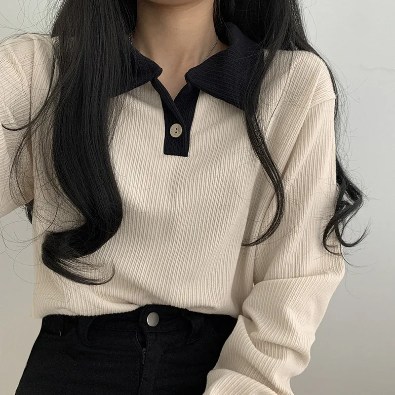 

Loose POLO Collar Top Color Contrast Women's Solid Button Lapel Pullover Long Sleeve Sweater