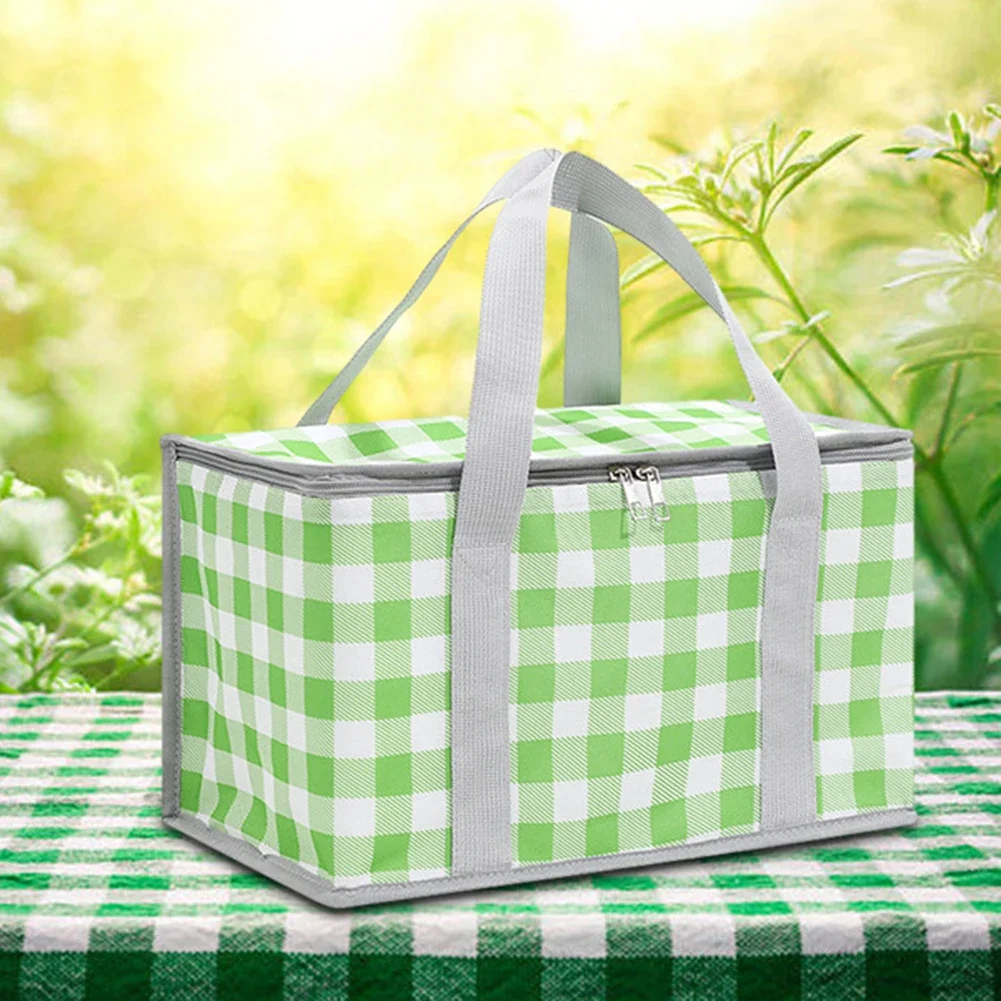 Insulated Picnic Bag Dual Zippers Plaid Lunch Tote Bag Large Capacity Picnic Basket Bag Multifunction for Outdoor Beach BBQ