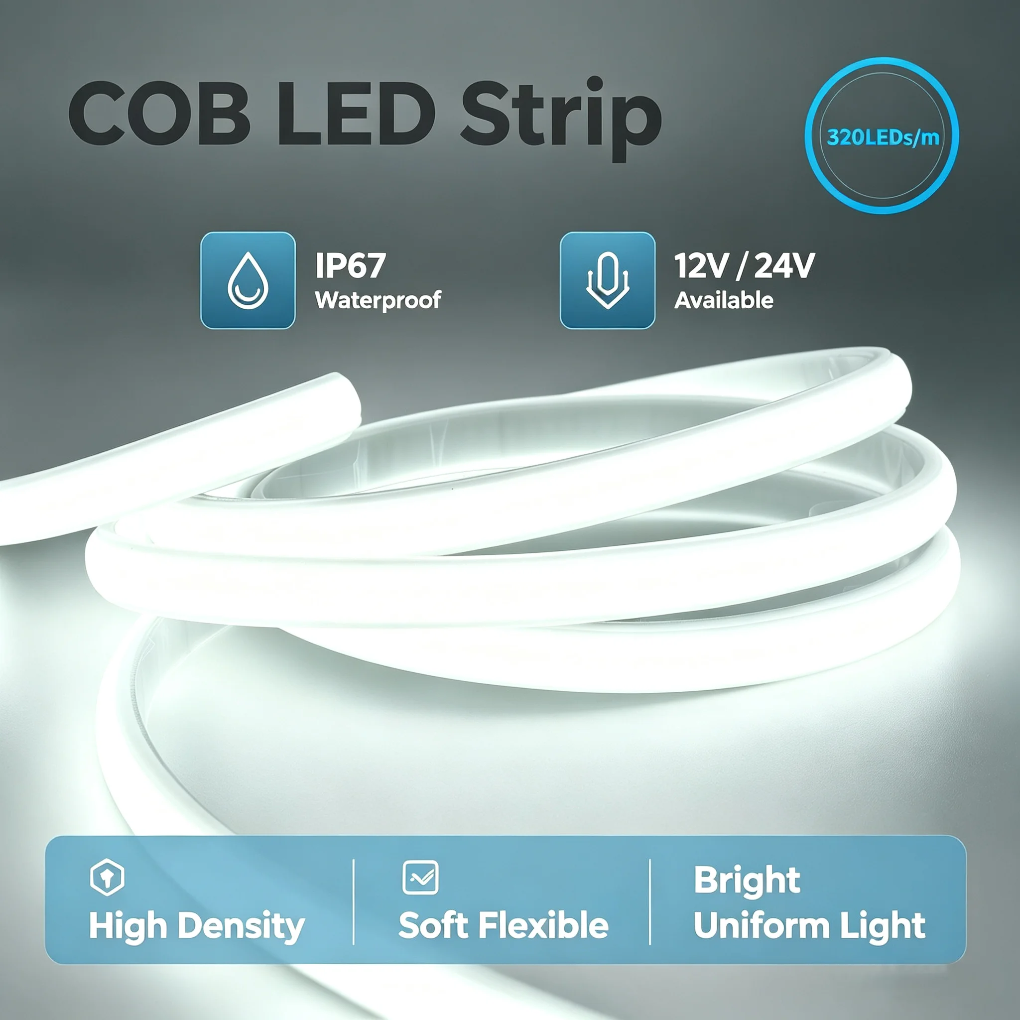12V 24V COB LED Strip Outdoor Waterproof 320LEDs/m Natural Warm White COB Light Strip Adhesive Tape For Bedroom Decor Backlight