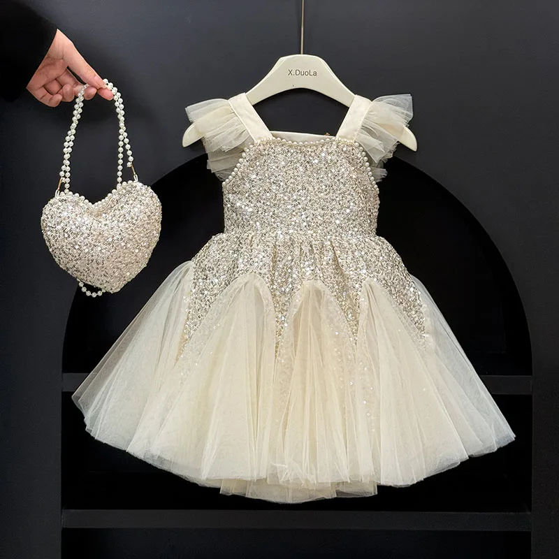 ملابس أطفال بناتي مطرزة بأكمام طائرة فساتين حفلات صيفية جديدة للفتيات سترة شبكية أنيقة فستان الأميرة للحفلات المسائية