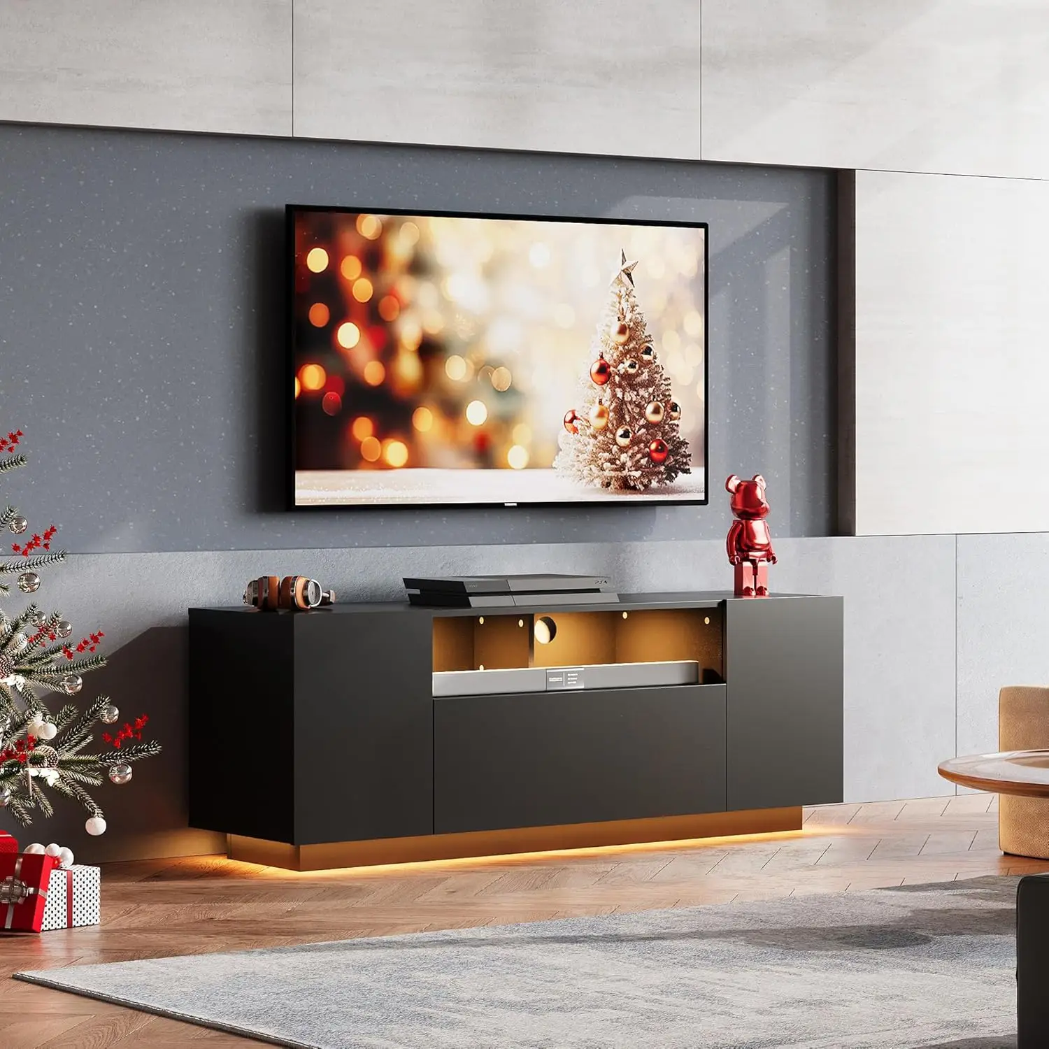 

TV Stand with LED Lights & Large Storage Cabinet, Modern Entertainment Center for 32/43/50/55 Inchs TVs, Sturdy Media Console