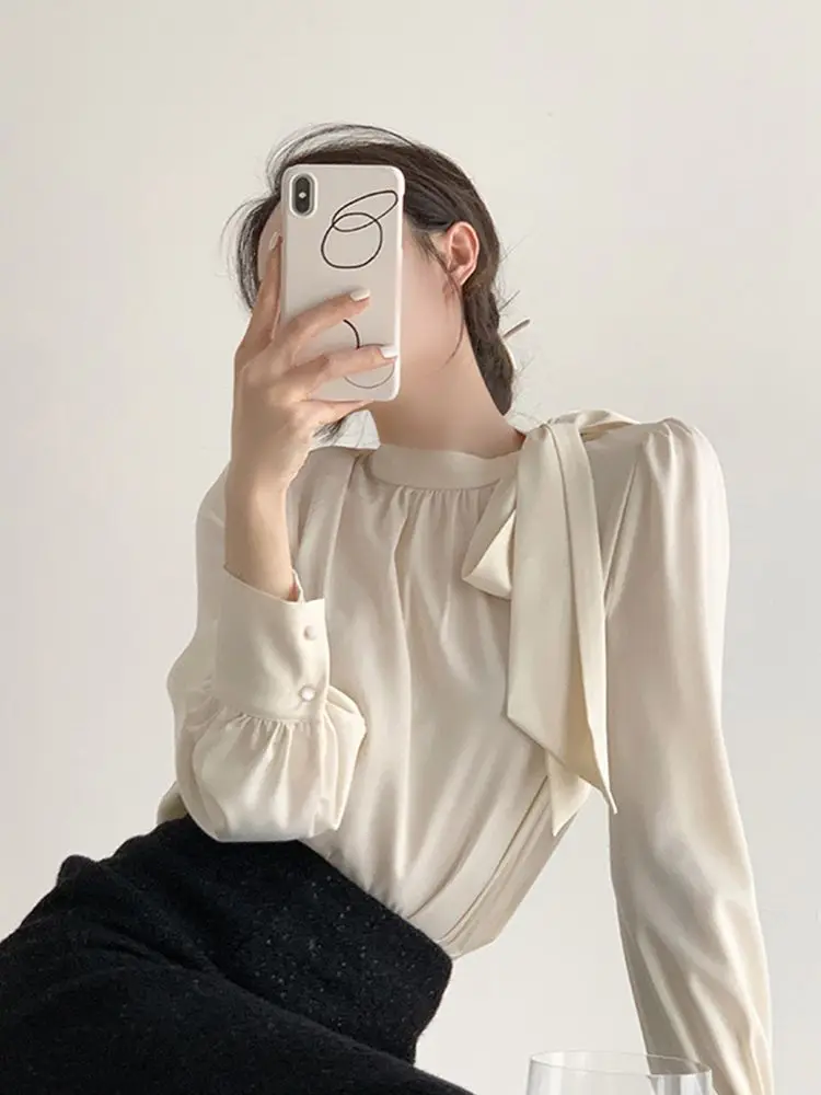 Elegant Collar Long Sleeve Shirt for Women Autumn 2024 Fashionable High-End Ladylike Top Stand Collar Premium Material
