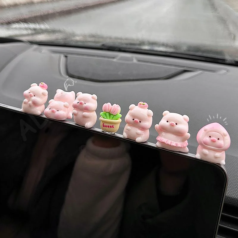 مجموعة من زخارف وإكسسوارات لوحة قيادة السيارة على شكل خنزير كرتوني لطيف من الراتنج #4
