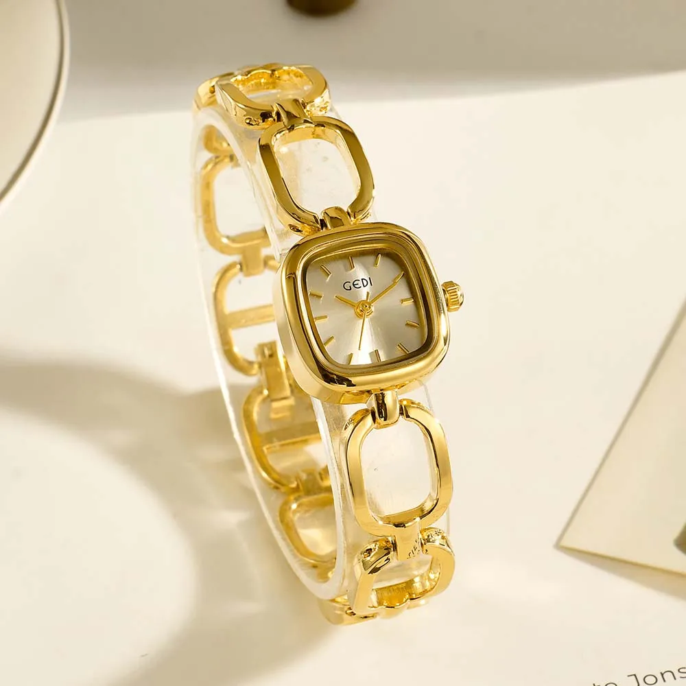 

GEDI Роскошные женские часы Скелет Тип браслета Элегантный квадратный маленький циферблат Кварцевые часы Женские кварцевые часы Подарки