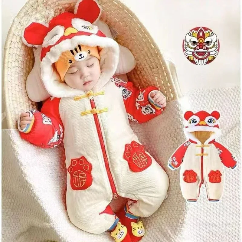 Baby New Year's Dress in Winter with Thickening Festive Dress Newborn Clothes Full Moon Banquet Clothes Baby Crawling Clothes