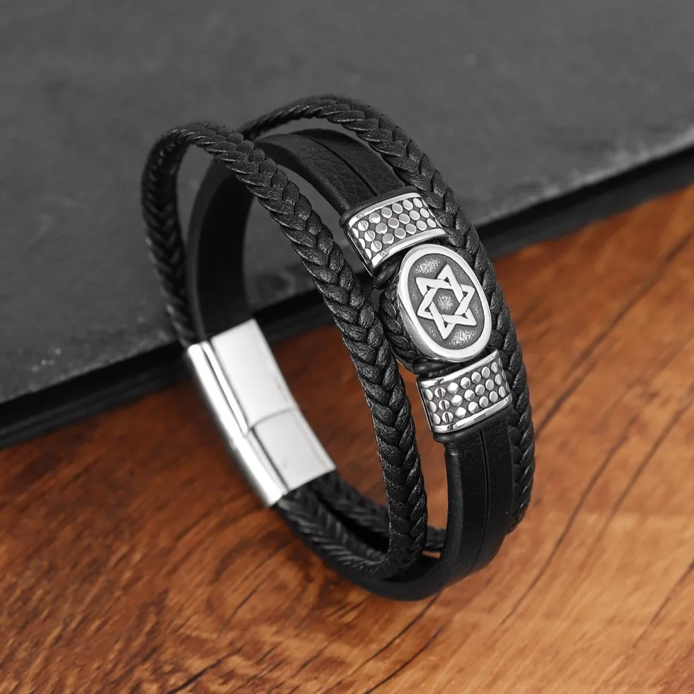 Simple Men's Fashion Stainless Steel Star David Layered Leather Handwoven Bracelet Men's Bracelet Decorated for Holiday Gifts