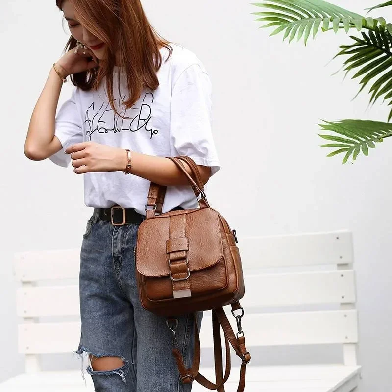 New Fashion Soft Leather Backpack Women's Korean Edition Three-Purpose Crossbody Tote Bag Single-shoulder Bag Handbag