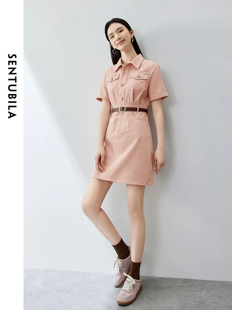 SENTUBILA Retro Cargo Style Cotton 100% Mini Dress 2024 Summer New Polo Collar A-line Short Sleeve Dresses Clothing 142L54094