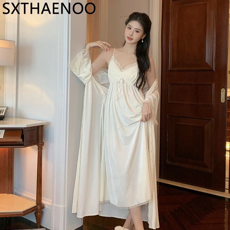 

SXTHAENOO 2024 New Sweet Thicken Warm Long Robes For Women Vintage Princess Loose Sleepwear Winter Velour Home Clothes 2 Pieces