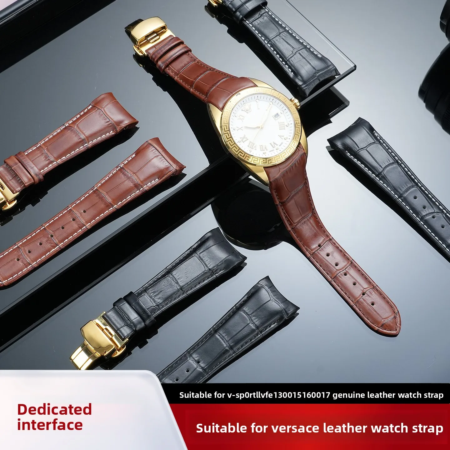 Curved Cowhide for Versace V-SportII Series VFE130015 VFE160017 Genuine Leather Watch Strap