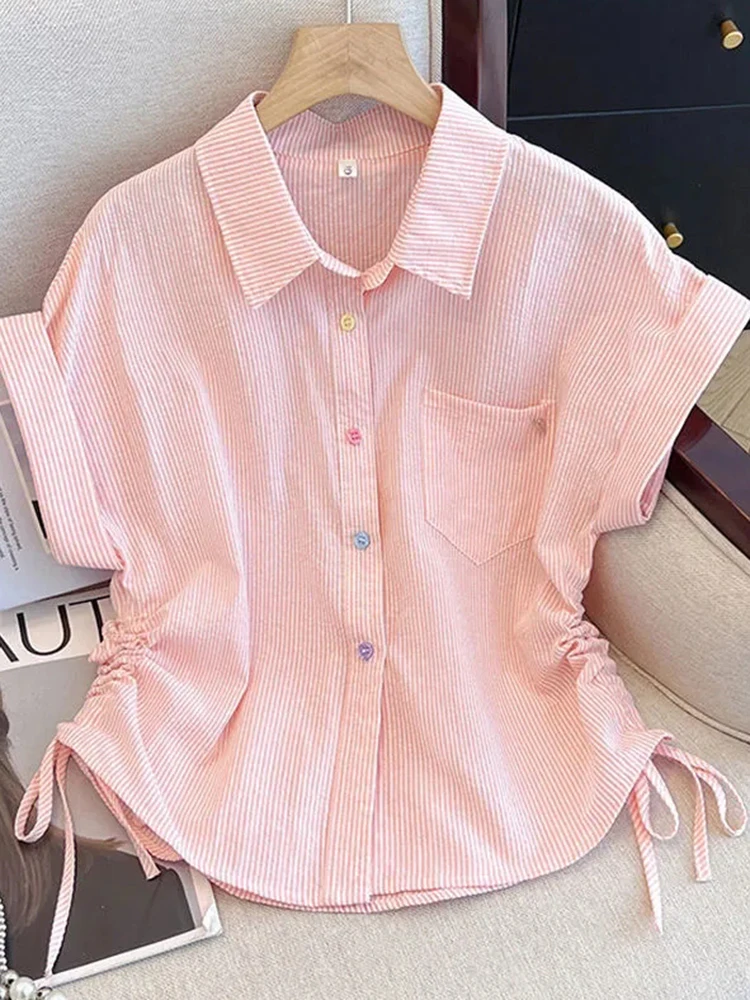 Koreańska urocza koszula w paski damska luźna z krótkim rękawem vintage bluzka codzienna letnia kolorowa z guzikami marszczeniami w stylu preppy topy