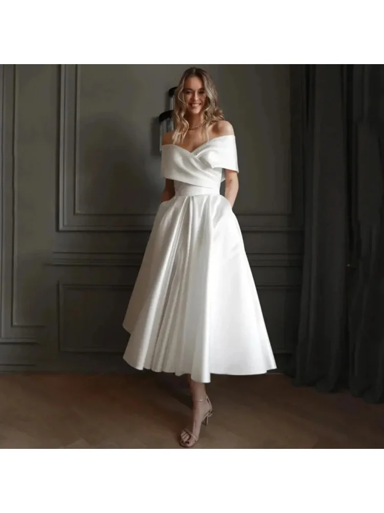 

Off The Shoulder Wedding Dresses for Bride Tea Length A Line Satin Formal Prom Dresses for Women with Pockets