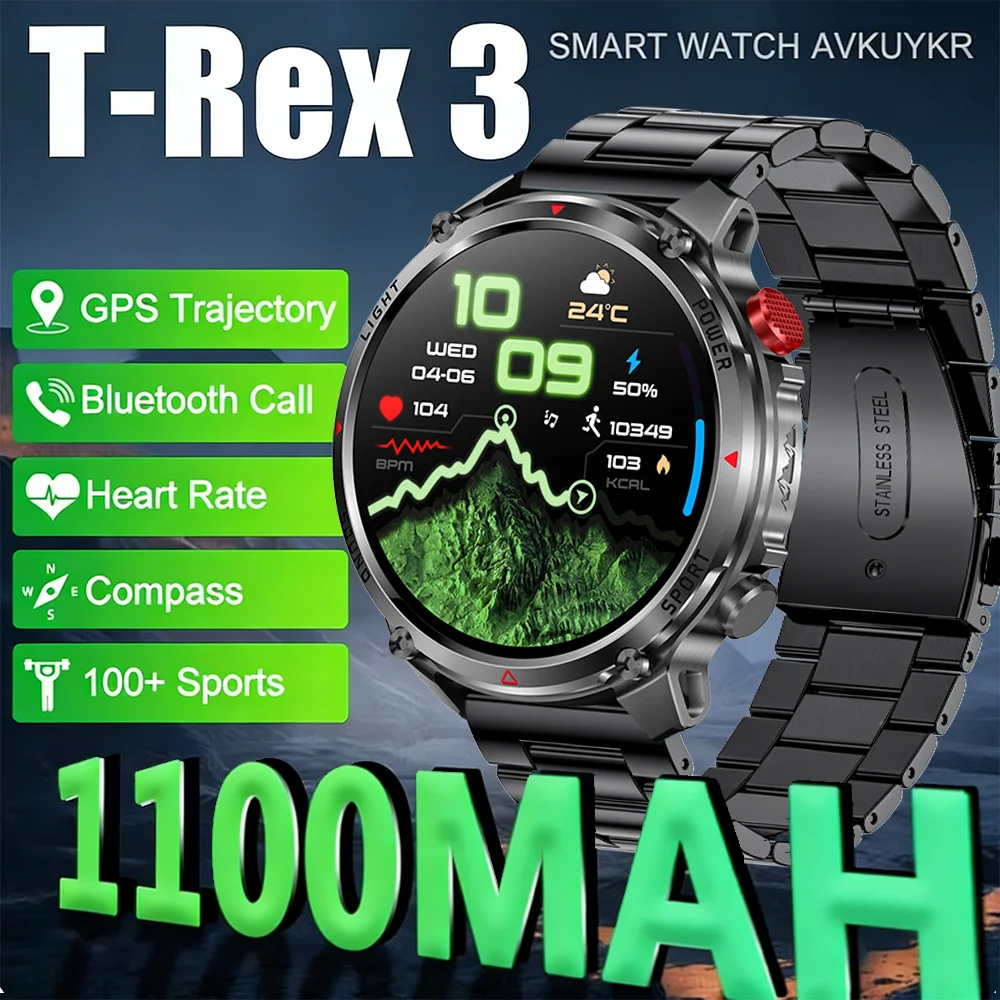 New Military T-Rex3 Ultra 1100mAh Battery Smart Watch 5 ATM Waterproof 1.7