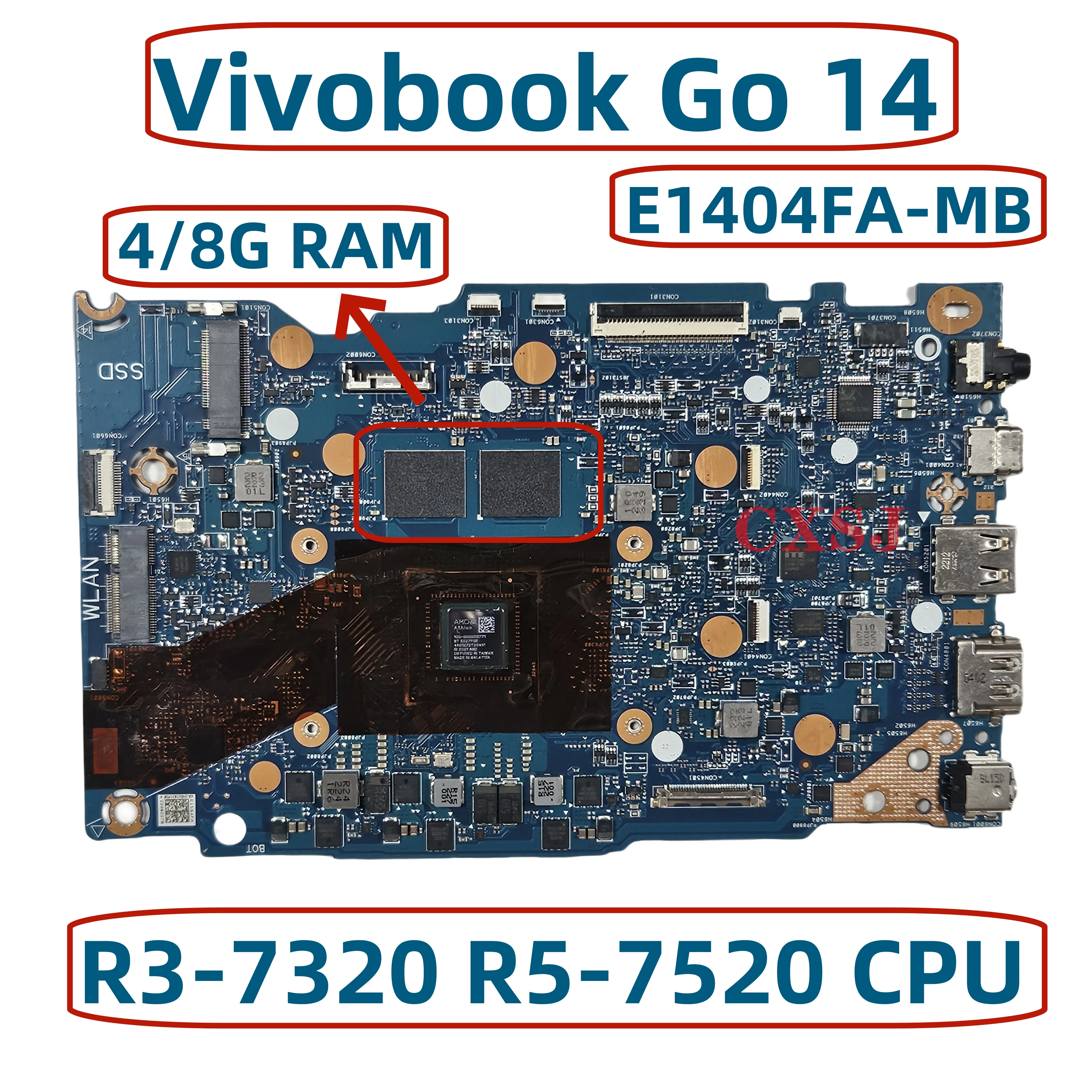 Laptop Motherboard para ASUS Vivobook, Go 14, E1404F, E1404FA-MB, Ryzen 3, R3-7320, R5-7520 CPU, 4 GB, 8 GB RAM, Mainboard 100% OK