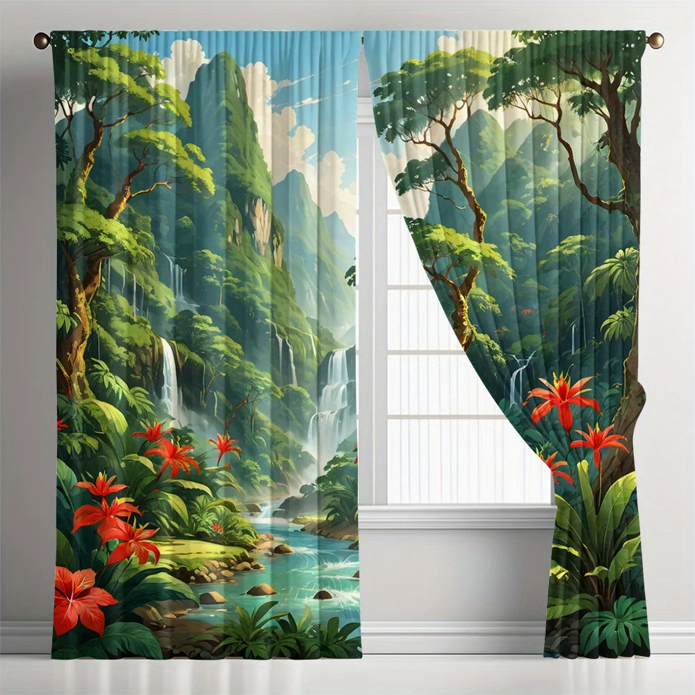 Vibrant Tropical Jungle Waterfall Curtains Set of 2 – Lush Rainforest Scene with Red Hibiscus, Rod Pocket Light Filtering Drapes