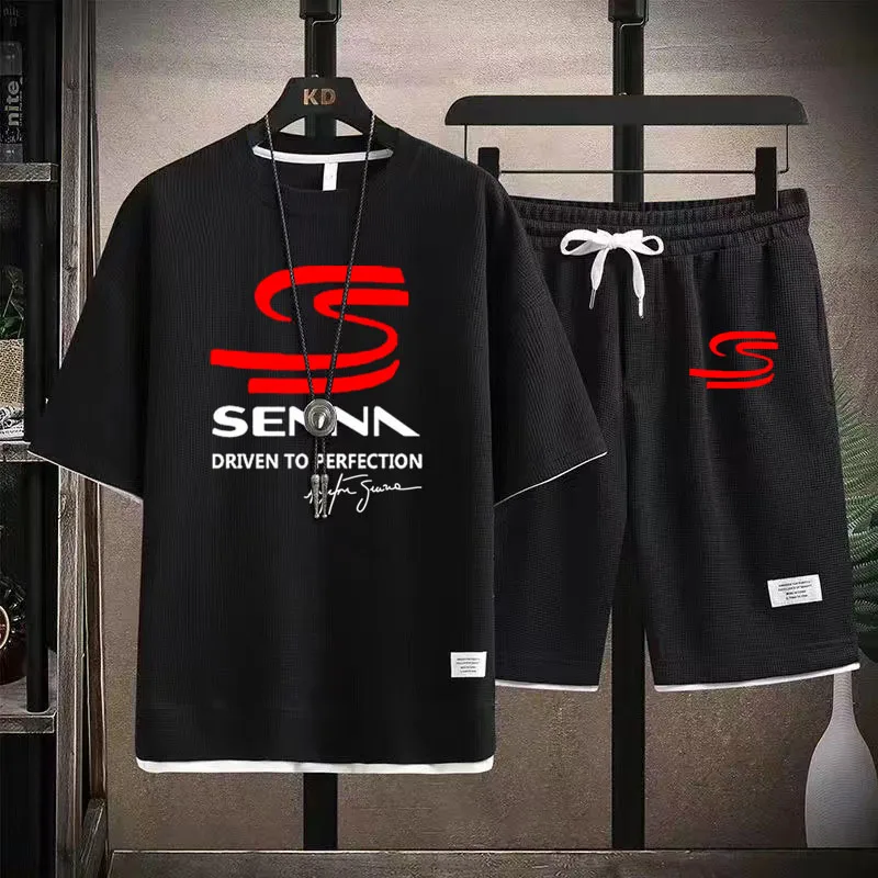 2-ピース-セット-o-ネック半袖弾性ウエストバンドカジュアル衣装ポケットセナプリント快適なルーズメンズ-tシャツセット