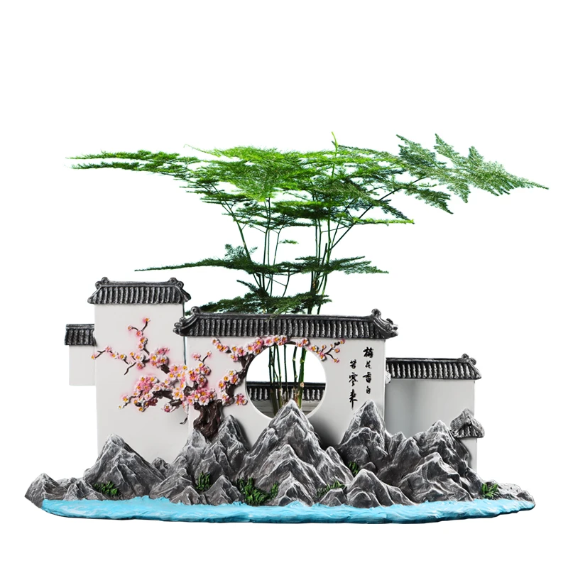 New Chinese retro creative micro architecture resin Jiangnan garden culture home desktop bonsai gift ornaments