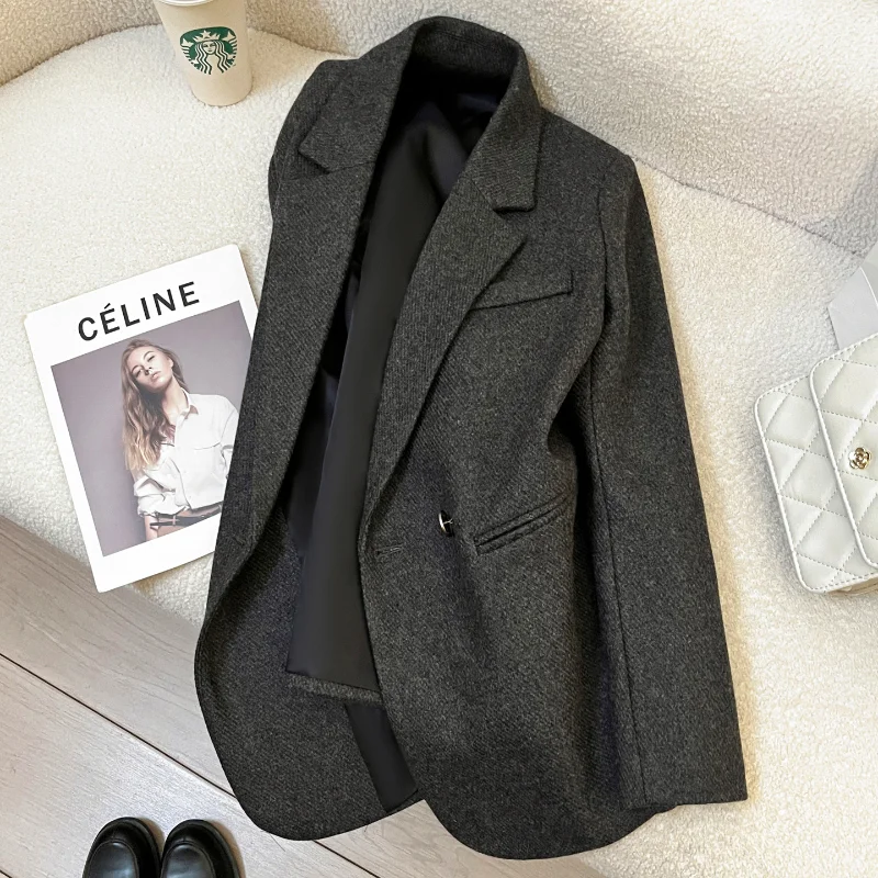 

Grey Vintage Wine Woolend Suit Jacket Women's Autumn Winter Fashion Simple Loose Office Lady Lady Basic Casual Blazers