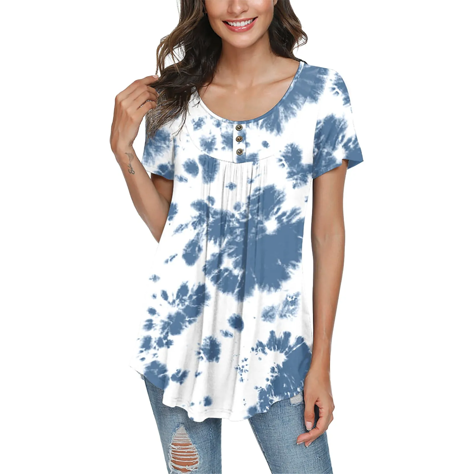 

Womens Tie Dye Print Casual Tops Summer Fashion Ruffle Short Sleeve O Neck Loose Breathable Tops Female Tunic Loose Shirts