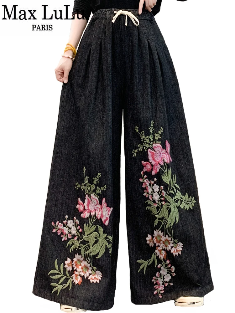 Max LuLu Brand Fall Fashion Vintage Chinese Jeans Womens Classic Casual Embroidery Denim Pants Loose Luxury Floral Wide Trousers