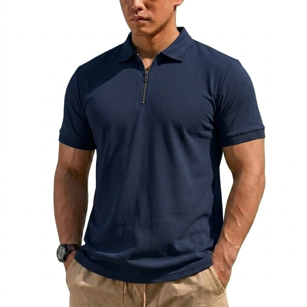 Sommer Herren Henry Shirts Gym Man Kurzarm T-Shirt Leichtes Reißverschluss-T-Shirt Koreanische Schnelltrocknende Shirts Herrenbekleidung – Detail 14