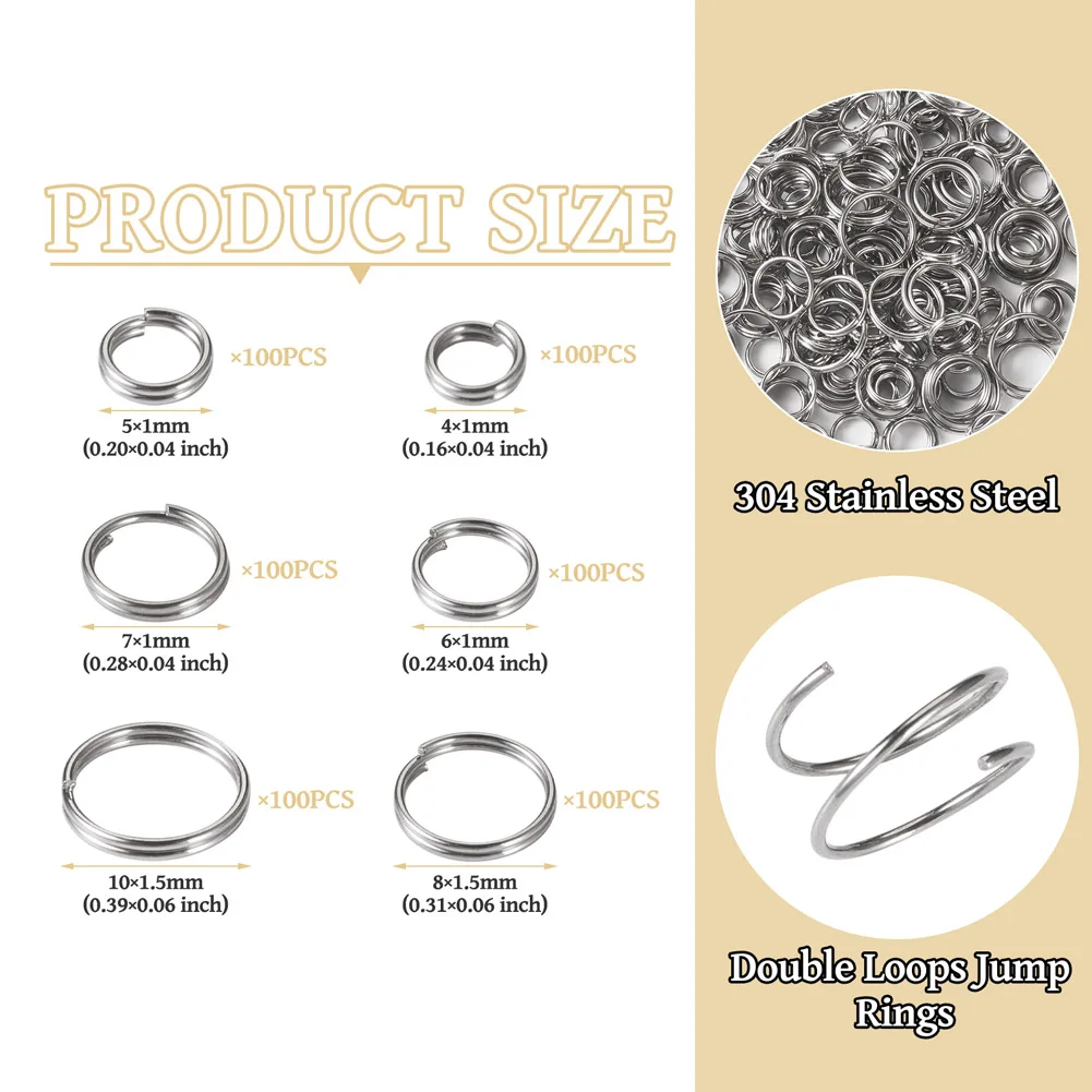 600pcs Double Loops 304 Stainless Steel Jump Rings Mix-size Split Rings for Handmade Key Chain DIY Jewelry Making Accessories