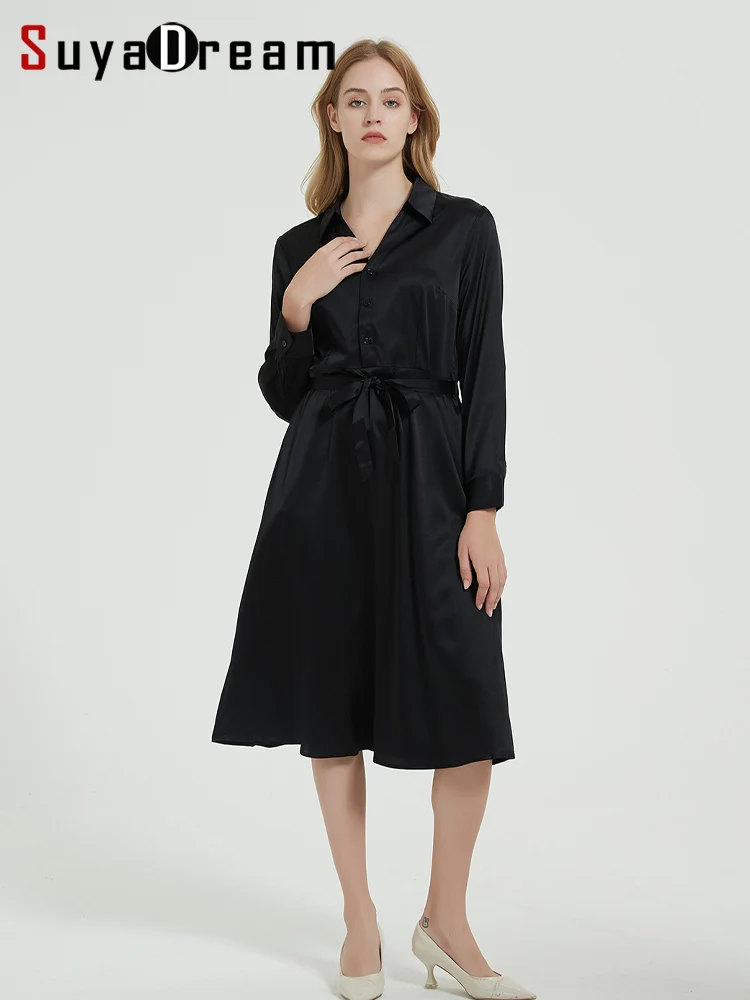 

SuyaDream Woman Blouse Shirt Dress 23mm 93%Silk 7%Spandex Solid Black Sashes Long Dress 2022 Elegant Office Chic Dresses