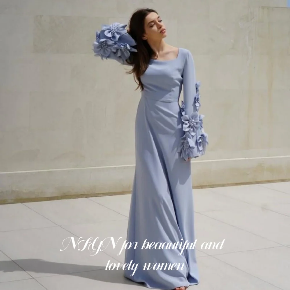 

NFYN Dusty Sky Blue Long Stain Party Dress Mermaid Square Collar Women Prom Dress Pleat Evening Gown with Appliques Customized