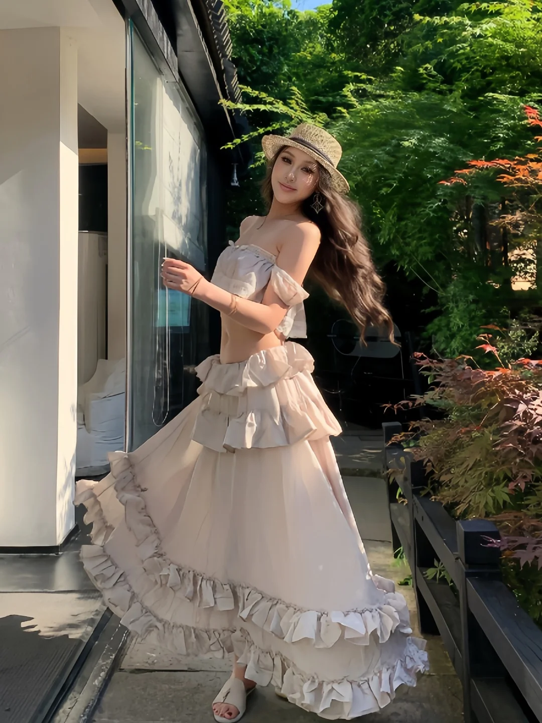 

Ultra-Fairy Summer Vacation Style Women's Set with Lace Trim Unique Slimming Elegant Age-Defying Cake Long Dress