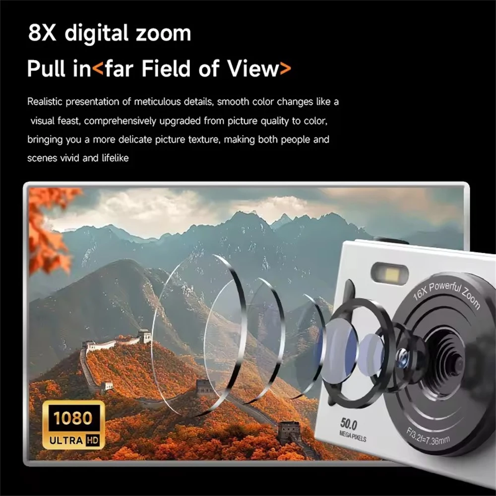 

Цифровая камера 4K с двумя объективами, вспышкой, 50 миллионами пикселей, ретро-дизайн, экран 2,4 дюйма, CCD, портативная, для начинающих, 8-кратный цифровой зум