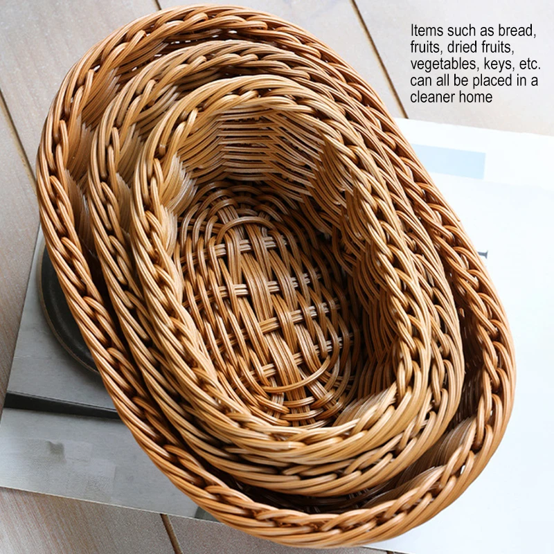 Handwoven Oval Rattan Wicker Basket Snacks Storage Box Kitchen Supplies Basket Fruit Tray Fruit Tea Snack Bread Picnic Trays