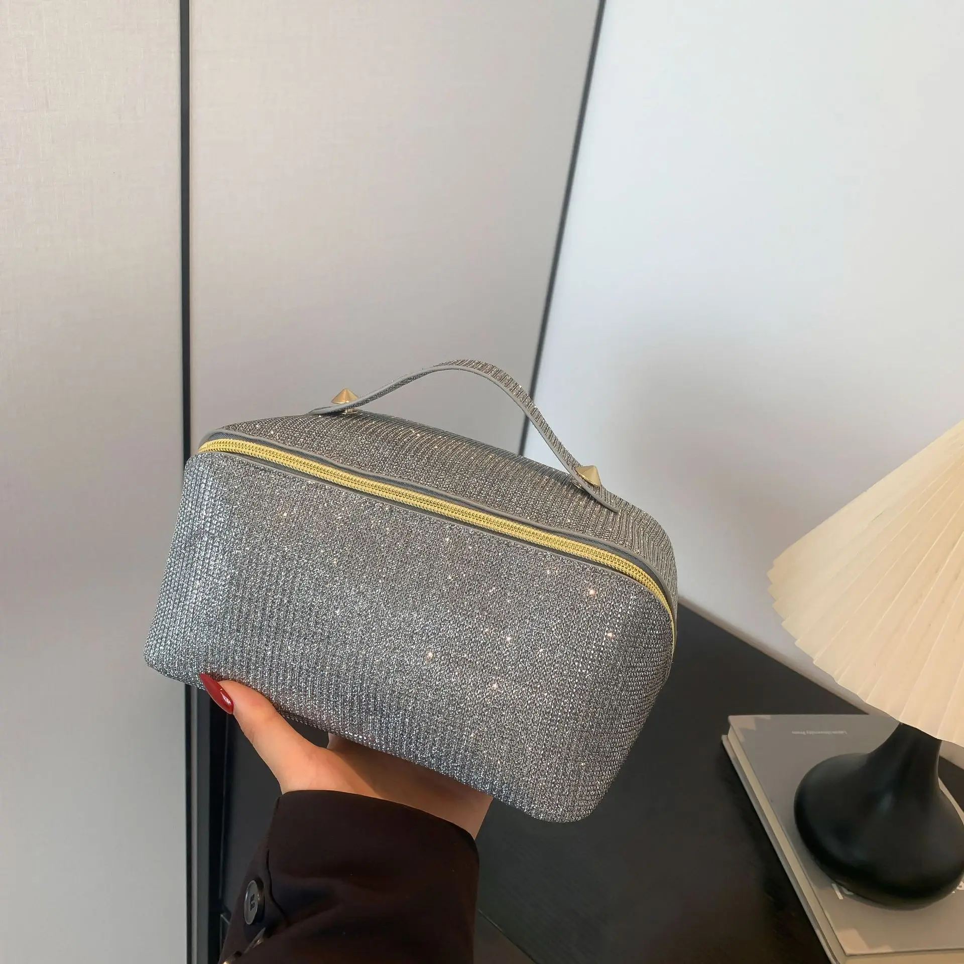 2026 New Shiny Women Makeup Bag Light Luxury Portable Large Capacity Cosmetic Bags Simple Fashion Solid Color Travel Handbags