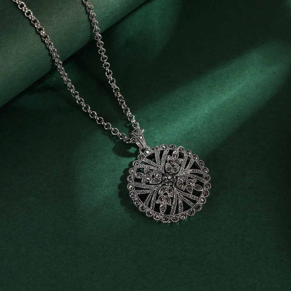 Ajojewel Vintage Hollow Flower Jewelry Set Round Earring Necklace And Ring With Full Black Rhinestone
