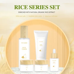 5pcs/Set Rice Facial complete skincare kit Whitening Brightening Serum Cream Remove Acne Lighten Dark Spots Anti Aging Cleansing