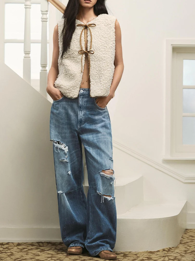 

Новый женский модный универсальный газовый контрастный цветной замшевый жилет из овечьей шерсти с круглым вырезом на шнуровке в европейском стиле