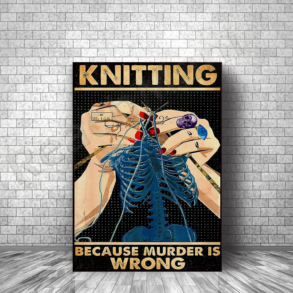 Knitted because murder is wrong poster, vintage poster, knitted skull canvas print, vintage poster, knitted gift