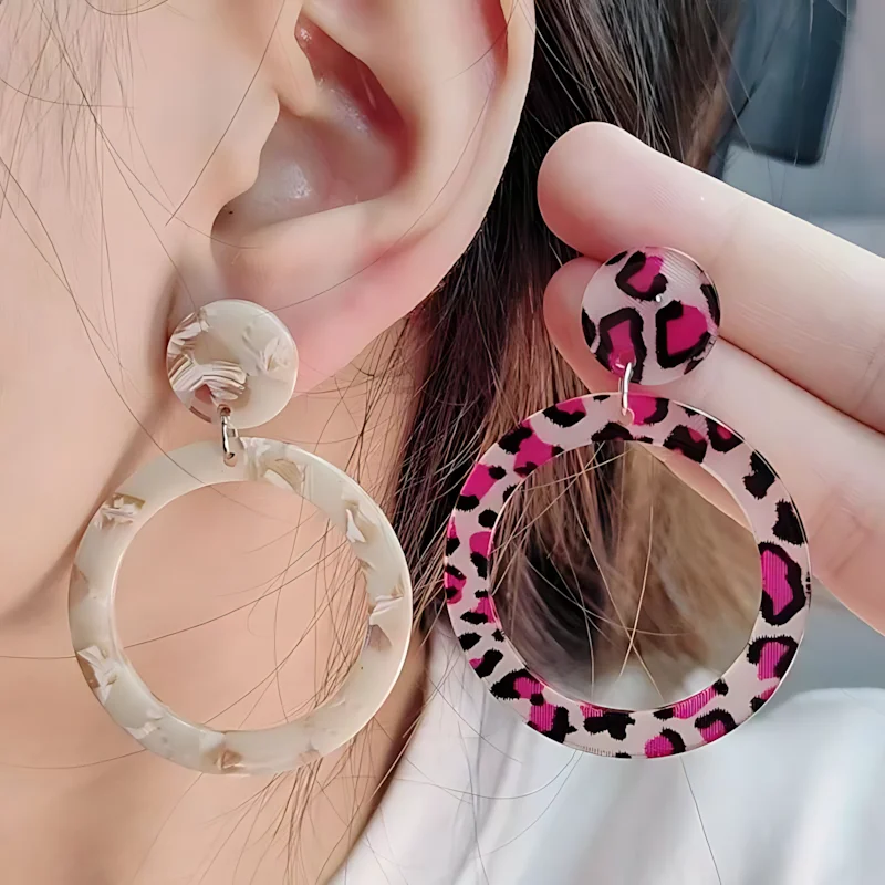 Acetate Plate Colored Leopard Print Hollow Circular Acrylic Pendant Ear Studs Fashionable Exaggerated Earrings