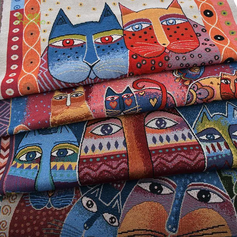 

Chainho,Yarn Dyed Polyester Linen Jacquard Fabric,DIY Sewing Cushion,Bags Material,Cats Cartoon Series,4 Pieces/Lot,48x48cm