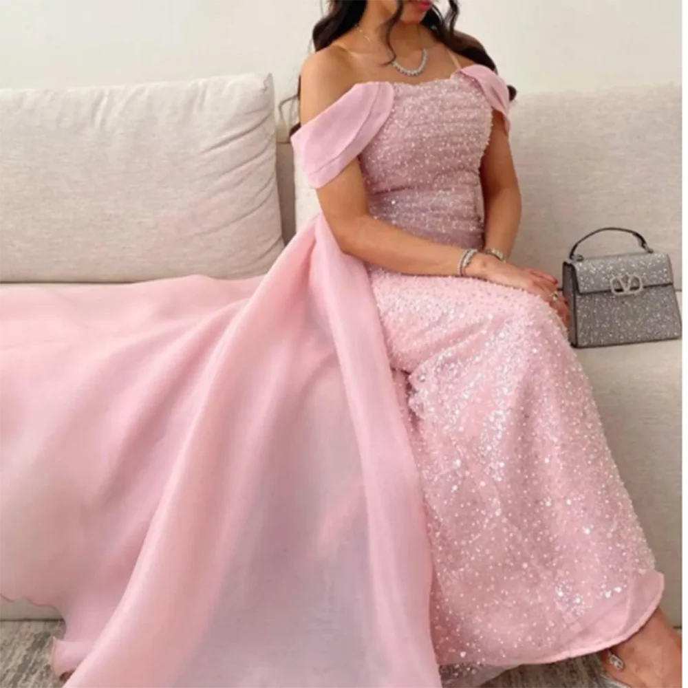 

Exquisite Luxury Pink Women Formal Evening Party Dress Floor Length Bow Sequin Of Shoulder Strapless فساتين سهرة Robes De Soirée