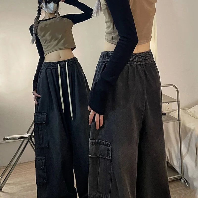 

Уличная одежда в стиле хип-хоп Y2k, джинсы в стиле Харадзюку, широкие брюки для женщин, Pantalon Femme с карманами, повседневные прямые модные джинсовые брюки