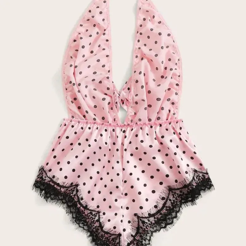 Lingerie de nuit sexy pour femmes, pyjama rose, barboteuse à licou tachetée, corset d'intérieur pour femmes