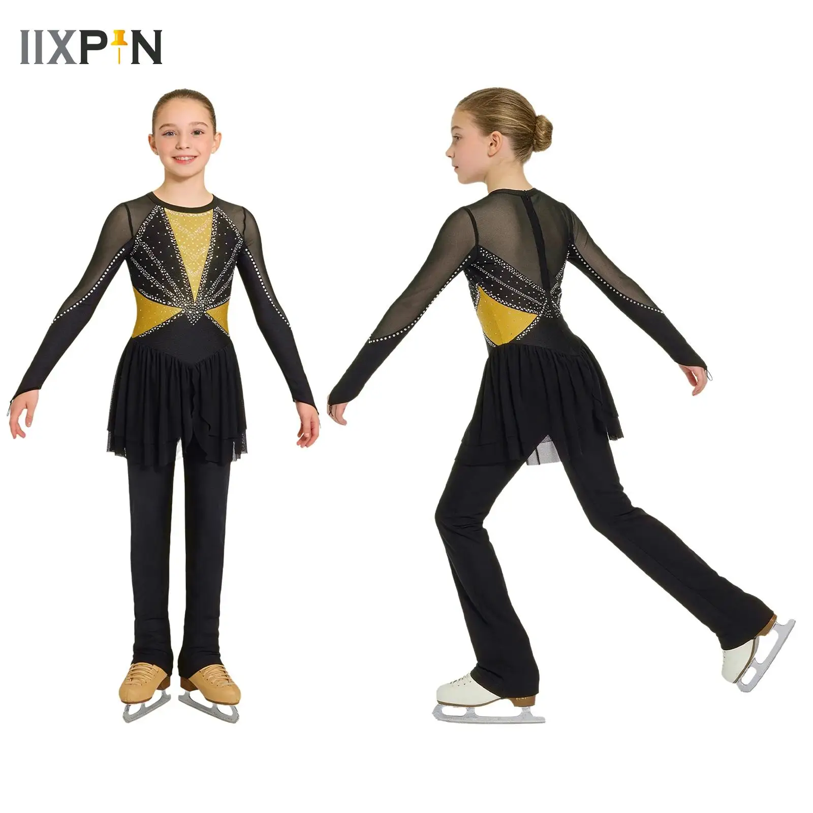 

Girls Sparkling Rhinestone Color Block Full Length Bodysuit Figure Skating Performance Jumpsuit Dress Long Sleeve Skirted Romper