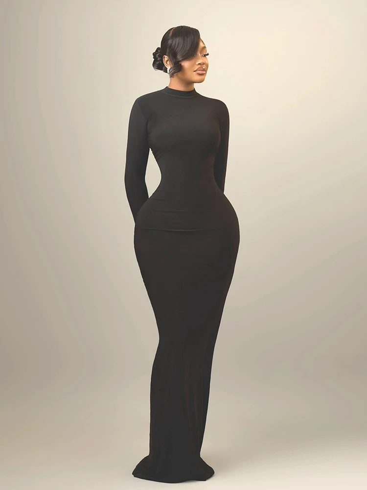 Sexy Black Bodycon Dress for Women Low Back Dress Spring Summer Full Sleeve Mermaid Evening Dress Elegant Maxi Dress for Event