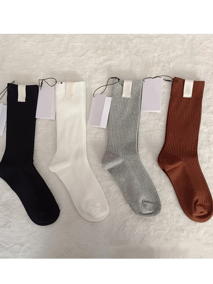 New Style Solid Color Leg Shaping Cotton Socks Double Needle Cloth Label Knee High Fashion Socks Mid-Tube Ladies Calf Socks