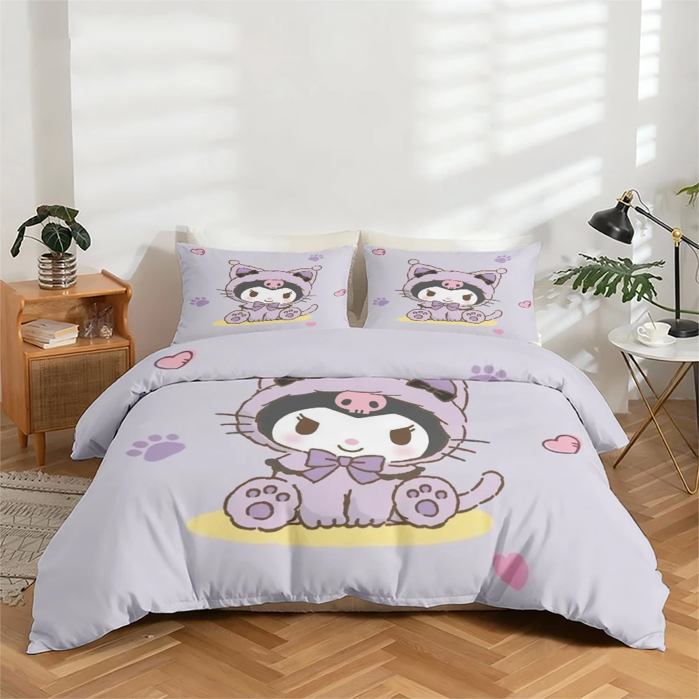 

3-Piece High-Definition Digital Print Bedding Set, Large Floral Pattern Duvet Cover Set with Kuromi Design, Includes 1 Duvet Cover + 2 Pillowcases, Suitable for Bedroom, Guest Room, Home Decoration, Polyester Fiber Duvet Cover + Pillowcases, Ultra-Soft Be