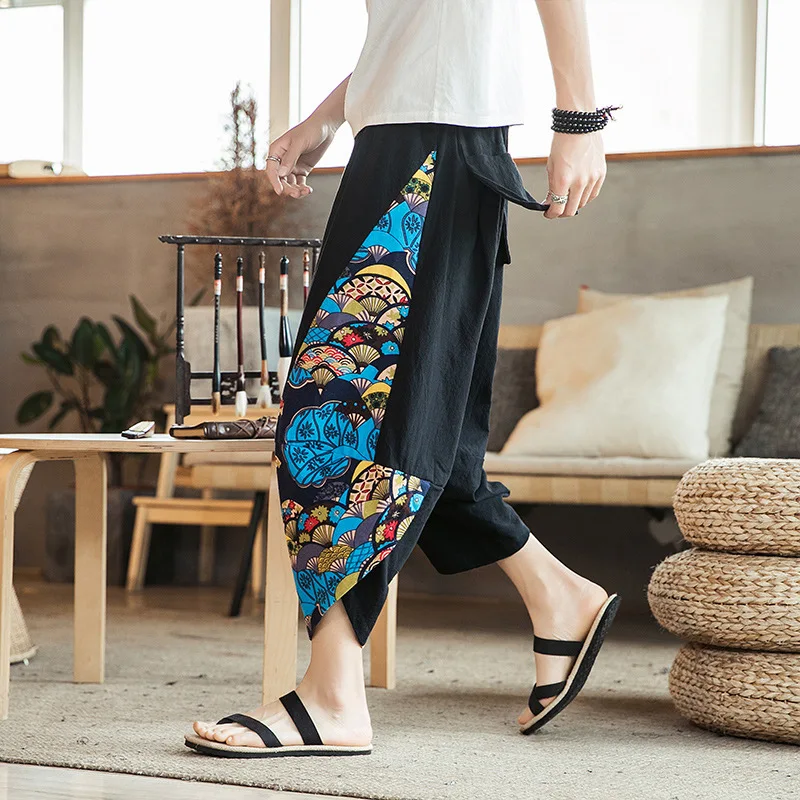 

2024 Ethnic Style Harem Pants Mens Jogging Pants Sweatpants Japanese Street Men Pants Work Elephant Stitching Calf-length Pants