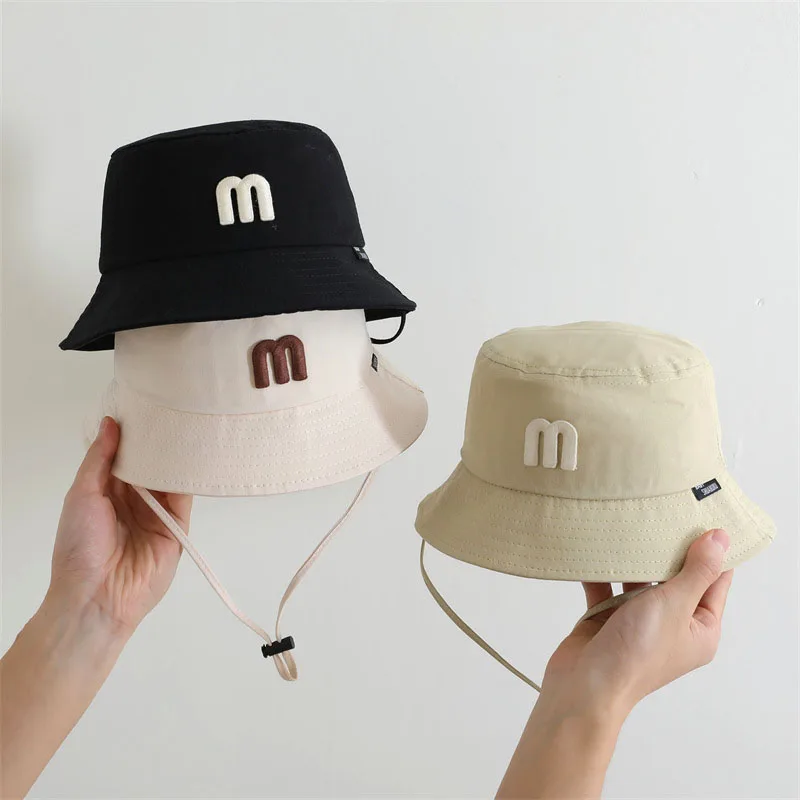 

M Letter Children Basin Hat Fashion Kids Drawstring Fisherman Cap Solid Cotton Bucket Hats 1-4year Boy Girl Baby Sunshade Visors